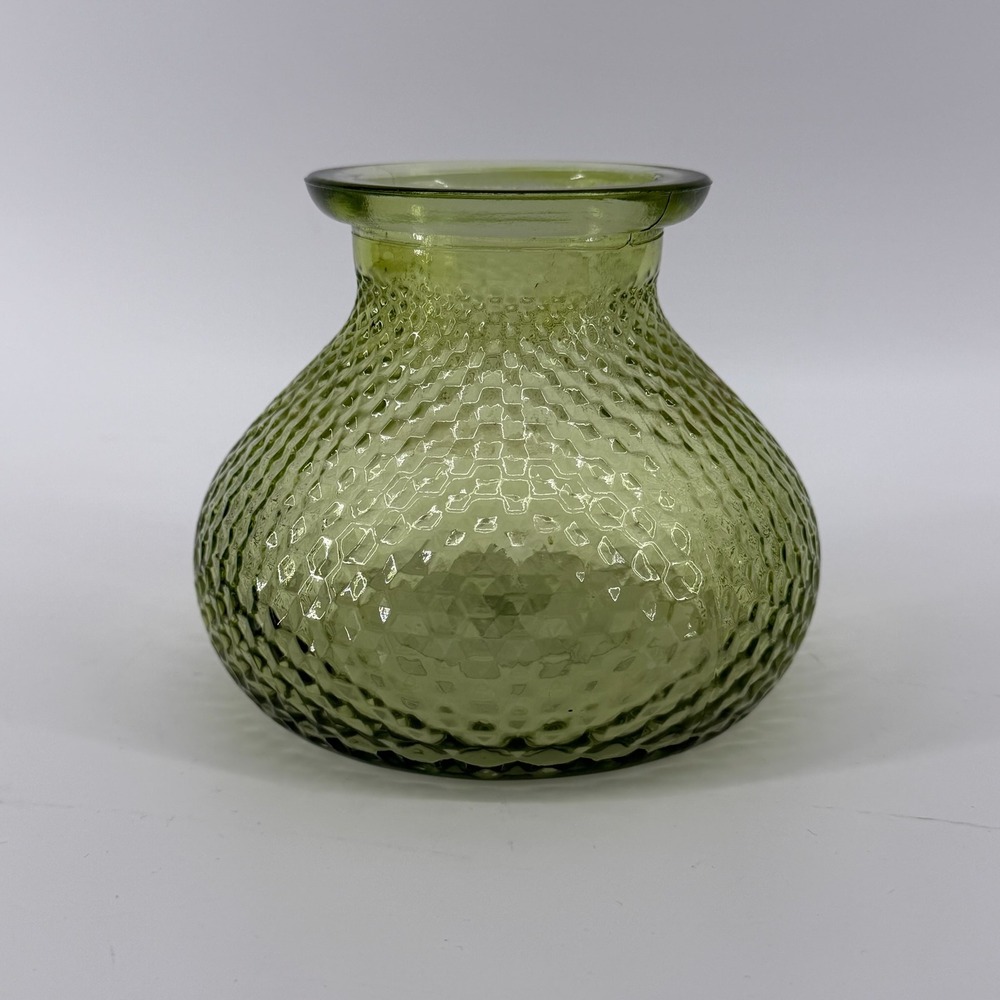 Vintage Green Honeycomb Textured Glass Bulbous Bud Vase 4.5 Inch MCM Style - Picture 2 of 7